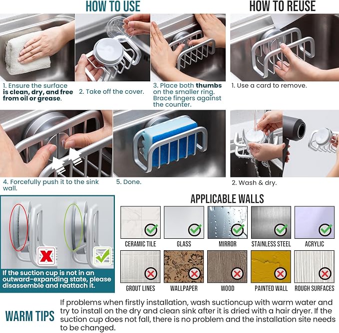 TAILI Silver Sponge Holder for Kitchen Sink with Strong Suction Cup | Removable Sink Caddy for Kitchen Sink Oganizer, Rustproof Aluminum Sink Sponge Holder for Scraper Brushes, Stoppers