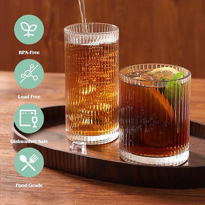 Moretoes Ribbed Drinking Glasses Set of 12,Water Glass Cups | Mixed Glassware Set,6 Highball Glasses 12 Oz, 6 Rocks Glass 13 Oz, Kitchen Bar Tumbler for Wine, Juice, Ice Coffee, Whiskey