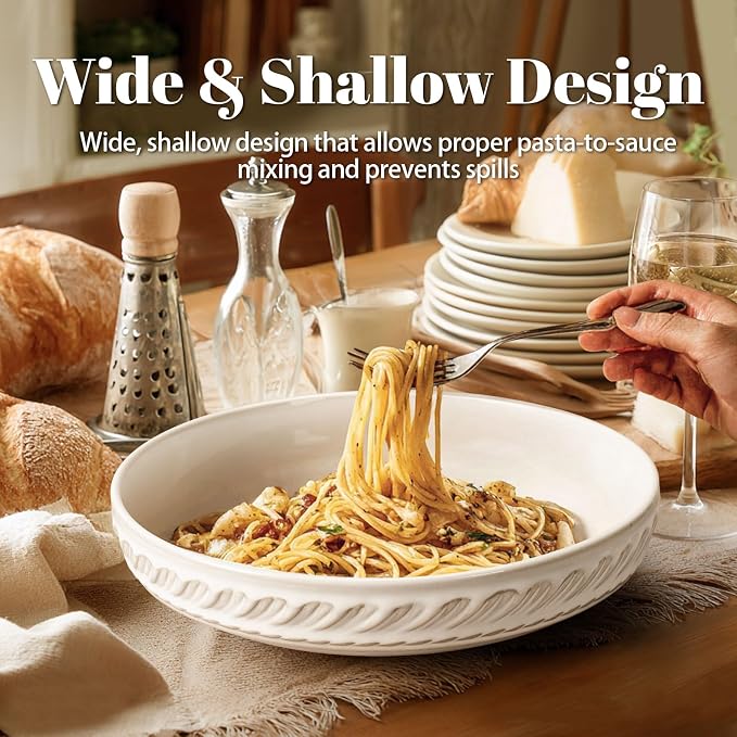 Pasta Bowls, 50oz Large Salad Serving Bowls, 9.75'' Plates Bowls Set of 4, Big White Ceramic Soup Bowls for Kitchen, Embossment Shallow Dinner Bowl, Microwave Dishwasher Safe, Willow Leaf