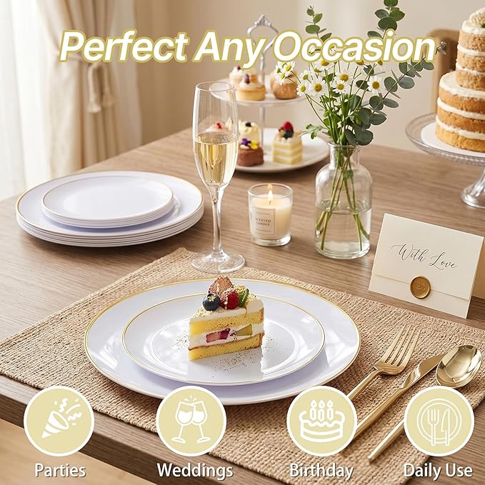 150 Gold Plastic Plates, White and Gold Disposable Plates for Party | Gold Plastic Plates ,White Plates with Gold Rim Set Include 30 Dinner Plates,30 Dessert Plates,90 Gold Cutlery for Wedding