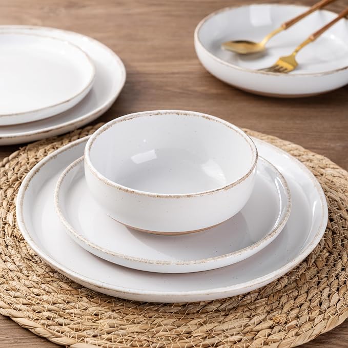 AmorArc Dinnerware Sets for 8, 24 Pieces Ceramic Plates and Bowls Set | Scratch Resistant Stoneware Dishes Set, Dishwasher & Microwave Safe,White