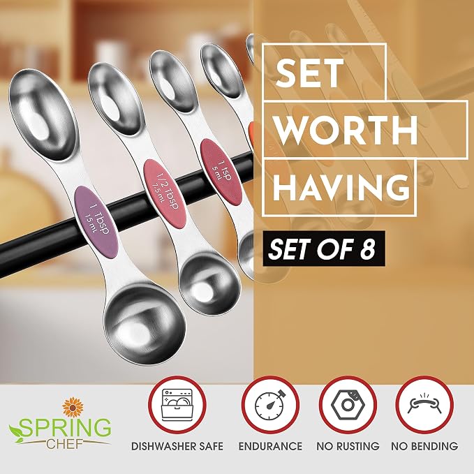 Spring Chef Stainless Steel 8 Magnetic Measuring Spoons Set, Desert Sunset | Dual Sided Metal Teaspoon & Tablespoon Measuring Spoons with Leveler for Dry & Liquid Ingredients, Fits in Kitchen Spice Jars