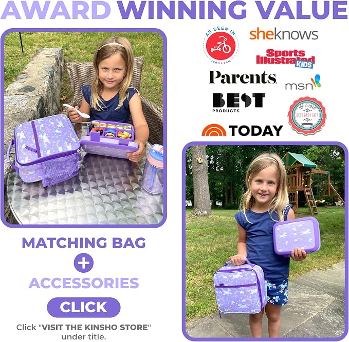 kinsho Bento Lunch Box Container for Kids, Girls Age 3 to 5, Purple Unicorn | 5 Portion Sections, BPA-Free Spill-Proof Leakproof Removable Plastic Tray, Snacks and Lunches for Toddlers Pre-School Daycare