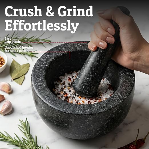 Heavy Duty Large 4 Cup Mortar and Pestle Set, 100% Natural Granite, 7 Inch Diameter Bowl, 7.2 Inch Pestle, Non-Slip Base, Stone Grinder for Guacamole Salsa Pesto Herbs Spices, Black