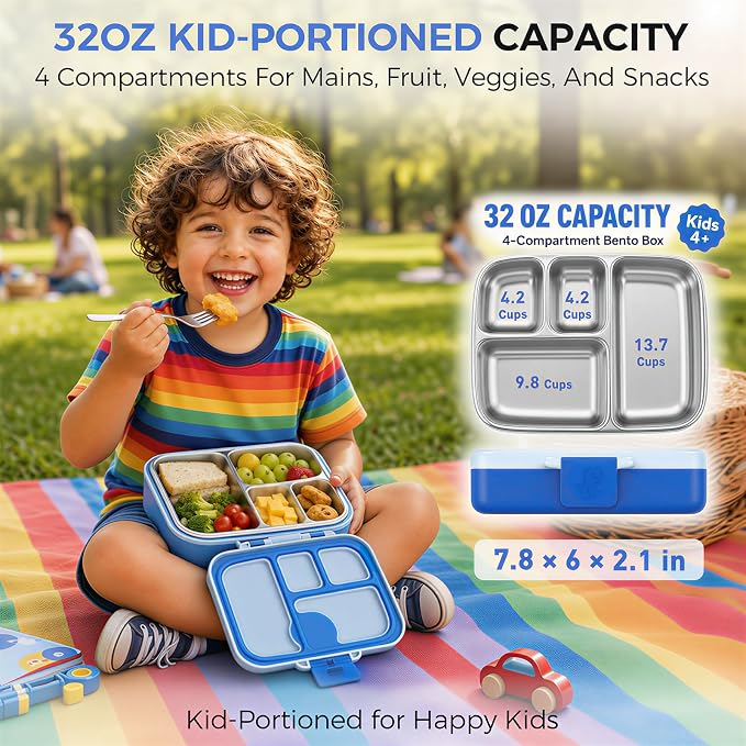 Kids Stainless Steel Bento Lunch Box, 4 Compartments | Leak-Resistant 4 Cups Lunch Container for Ages 4+ with Easy-Open Latch, Removable Seal & Meal Feedback Icon