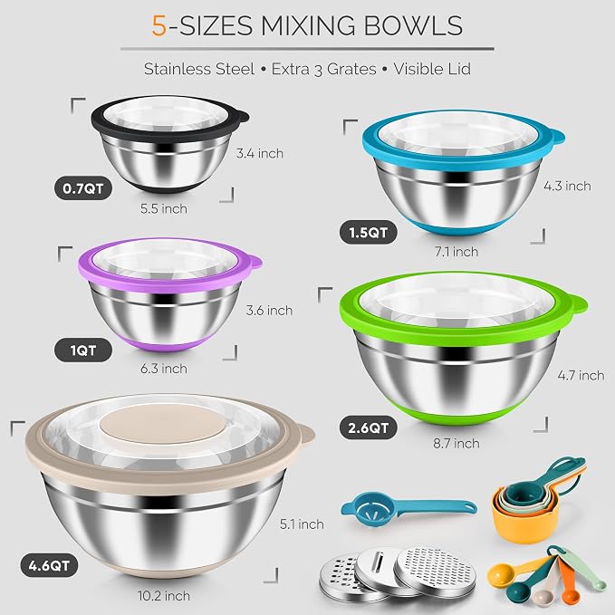 HaWare Mixing Bowls, 24-Piece Stainless Steel Salad Serving Bowl with Airtight Clear Lids, Metal Nesting Bowl For Kitchen Cooking Prepping Storing with 3 Graters, 4.6/2.6/1.5/1/0.7 QT, Colorful