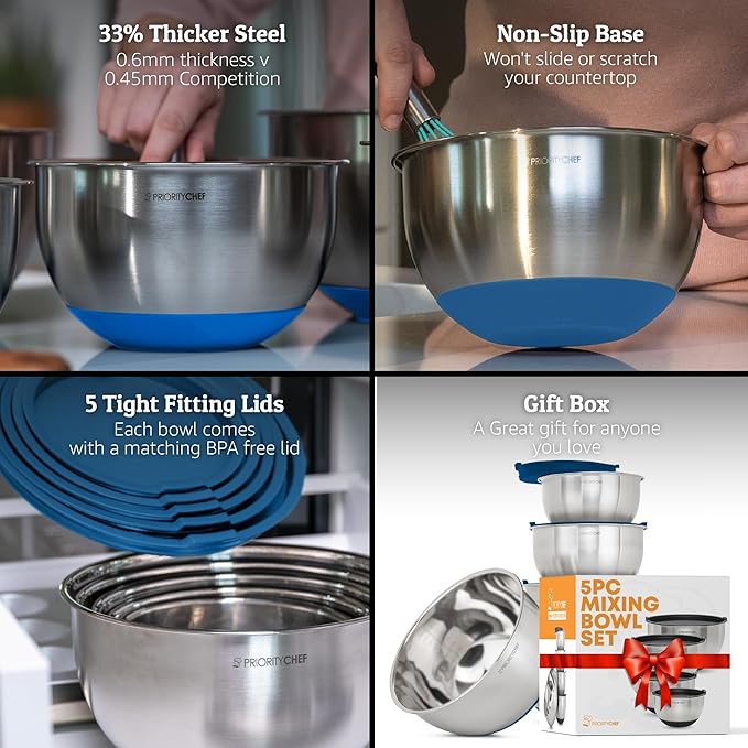 Premium Mixing Bowls With Airtight Lids Set, Thicker Stainless Steel Mixing Bowl Set, Large Prep Metal Bowls with Lids, Nesting Bowls for Kitchen, 1.5/2/3/4/5 Qrt, Blue