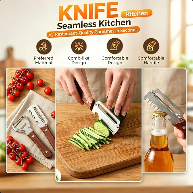 2-Pack Multifunctional Vegetable Peeler, 3 in 1 Kitchen Peeler with Wooden Handle, Grater & Bottle Opener for Potato, Carrot, Apple, Fruit & Vegetable
