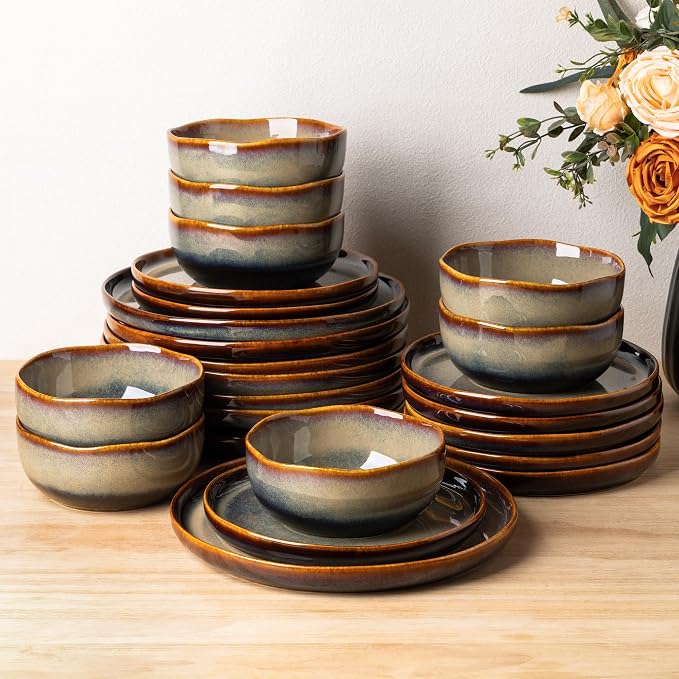 Ceramic Dinnerware Set for 8, 24-Piece Plates and Bowls Set | Handmade Reactive Glaze Dish Set, Scratch Resistant, Oven & Microwave & Dishwasher Safe, Coffee Bean
