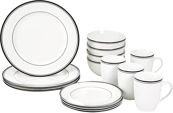 Amazon Basics 16-Piece Cafe Stripe Dinnerware Set, Microwave and Dishwasher Safe, Plates, Bowls, Mugs, Service for 4, Black