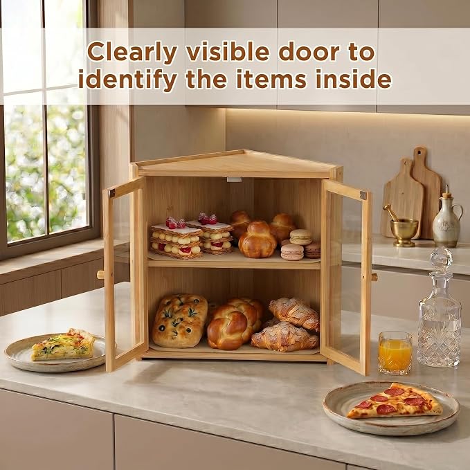 Corner Bread Box for Kitchen Countertop, Double Layer Bamboo Bread Bin with Clear Windows and Double Doors, Wooden Bread Storage Container for Bread, Snacks, Natural