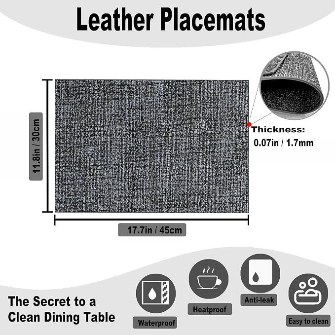 Faux Leather Placemats Set of 6, 11.8"x17.7", Dark Gray | Reversible Table Mats, Waterproof, Stain & Heat Resistant, Easy Clean for Dining, Gatherings, Outdoor