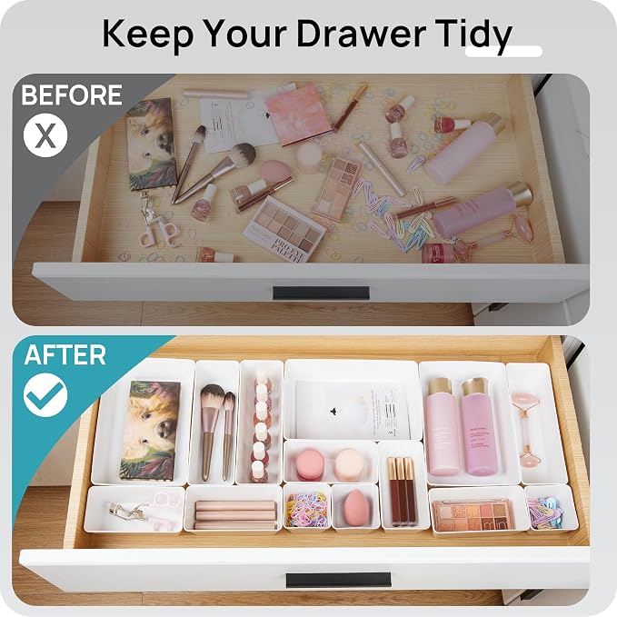 Vtopmart 44 PCS Plastic Drawer Organizer Set, Vanity Organizer Trays, White | 4-Size Versatile Makeup Organizer, Non-Slip Storage Containers for Makeup, Jewelries, Bedroom，Kitchen Utensils and Office