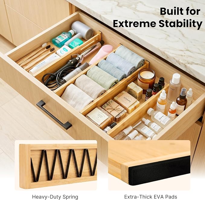 4 Pack 2.36" Bamboo Drawer Dividers, 17-22" Expandable Kitchen Organizers | Adjustable Spring-Loaded Tension Separators with Foam Pad for Clothes, Utensils, Kitchen, Dresser, Nursery & Bathroom