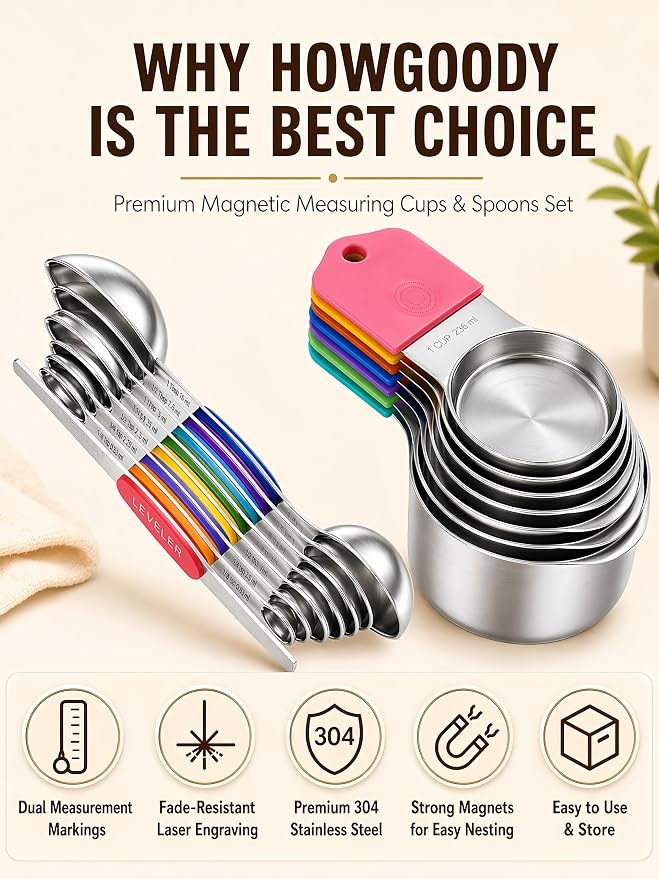 Magnetic Measuring Cups and Spoons Set304 Stainless Steel Dual Scale Set of 15, Strong N52 Magnetic Nesting Design with Leveler, for Dry&Liquid Ingredients, Dishwasher Safe(Colorful)