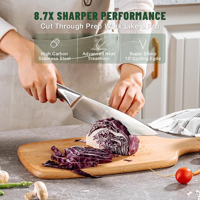 Knife Set, EWFEN 14-Piece Kitchen Knife Set with Block, German Stainless Steel Knives with Built-in Knife Sharpener, Anti-Slip Sharp Knives Set for Kitchen, Dishwasher Safe, Concave-dotted Handle
