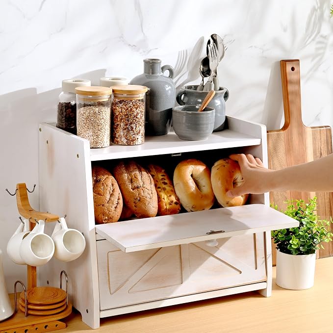 Bamboo Corner Bread Box for Kitchen Countertop 2-Tier White | Farmhouse Bread Storage Container, Large Pantry Organizers for Homemade Snacks, Loaves, Breathable Keeps Bread Fresh