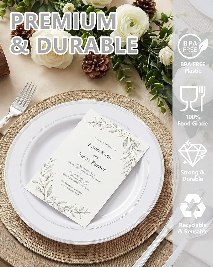 GATHER 700PCS Silver Plastic Plates 100 Guest for Wedding and Party | White and Silver Disposable Dinnerware Sets include 200 Plates, 300 Silverware, 100 Napkins, 100 Cups for Anniversary