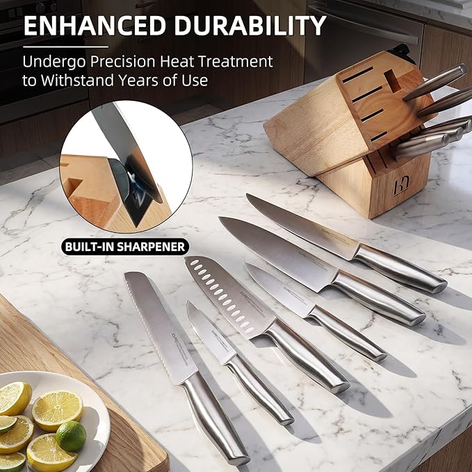 KnifeSaga 14 Pcs Knife Set with Block, Premium, Razor Sharp, Japanese Steel | Innovative Steel, High Carbon Stainless, Enduring Sharpness, Ergonomic Handle, Quality Natural Wood Block, Gift Box
