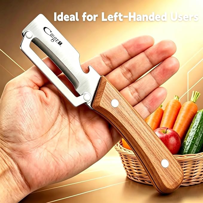 TEEVEA Left-Handed Vegetable Peeler 2-in-1 Stainless Steel Wood Handle | Multifunctional with Built-in Bottle Opener, Zero Flex Zero Snag Blade, Ultra Sharp for Fruit Potato Apple Veg, Kitchen Tool