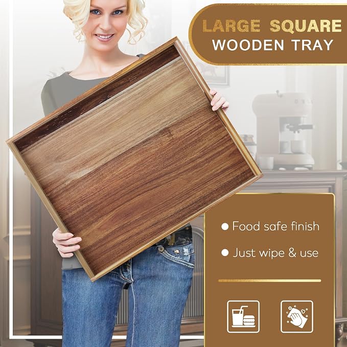 Extra Large Ottoman Tray, 22 x 18 inches Acacia Wood Serving Tray | Rectangle Wooden Decorative Tray with Handles, Oversized Coffee Table Tray, Serving Platter Tray for Living Room, Charcuterie