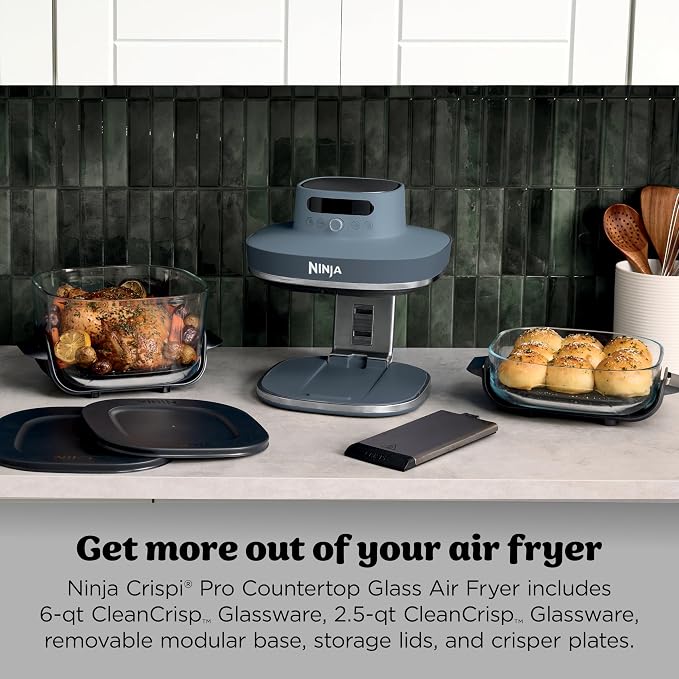 Ninja Crispi Pro 6-in-1 Glass Air Fryer, 450°F, Nontoxic, 6qt & 2.5qt Containers & Lids, Microwave, Freezer, Dishwasher Safe, Max Crisp, Air Fry, Bake, Roast, Recrisp, Dehydrate (Renewed)