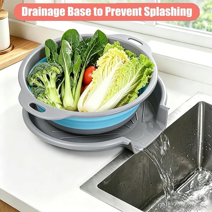 Collapsible Colanders Food Strainers, 3-Pack Foldable Kitchen Strainers with Over-Sink Water Draining Tray, Space Saving Kitchen Drainer for Vegetables, Fruit, Pasta and Rice (Blue-Red-Green-Gray)