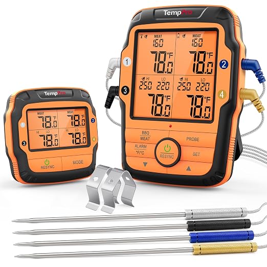 TempPro TempSync 1000FT Wireless Meat Thermometer for Grill with 4 Probes | RF Technology, Alarms, Large Digital Backlit Display, Stainless Steel Probe, Smoker, BBQ, Grill Cooking Gift