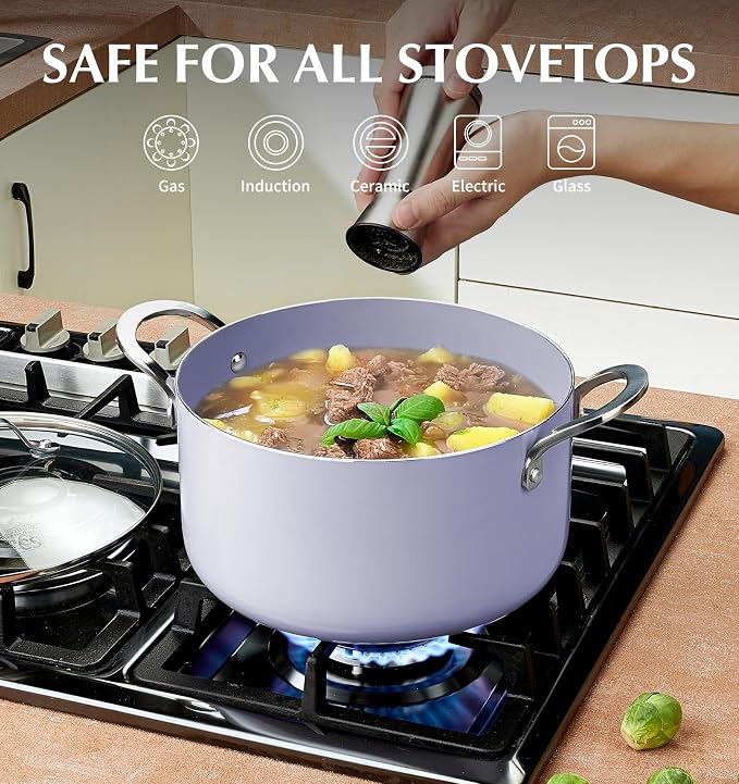 KOCH SYSTEME CS 6 Quart Nonstick Stock Pot with Lid, 6 QT Nonstick Ceramic Stockpot with Stainless Steel Handle, Induction Cooking Pot for Soups, Casserole, Soup Pot, Even Heating, Oven Safe, Purple