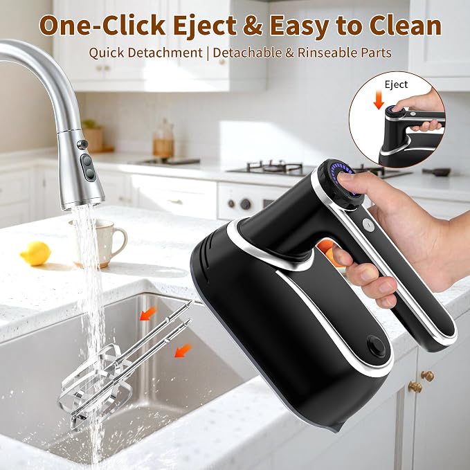 binROC Cordless Electric Hand Mixer, 12-Speed with Storage Case, Black | Rechargeable, Eject Button, LED, Self-Stand, 6×304 Stainless Attachment, Overheat Protection, Quiet for Baking Dough Cake Egg