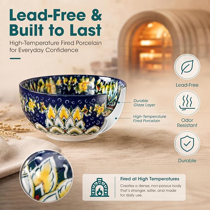 vancasso SIMI 28 oz Cereal Bowls Set of 6, Bohemian Ceramic Soup Bowls | For Pasta, Salad, Ramen, Fruit Serving, Dishwasher and Microwave Safe, Porcelain, Chip-Resistant, Decorative Bowls