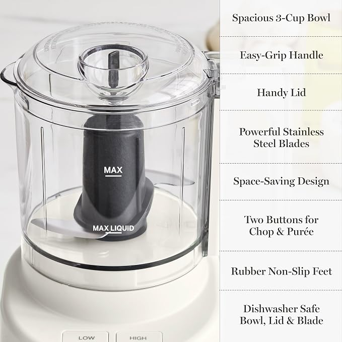 Martha Stewart 3 Cup Electric Vegetable Chopper, Mini Food Processor, Linen | 24oz BPA-Free Bowl, Stainless Steel Blades, Pour Spout, Dice, Puree, Mince, Chop Vegetables & Herbs, Dishwasher-Safe Parts