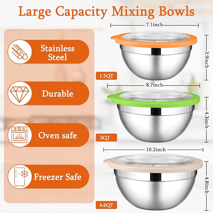 LIANYU Mixing Bowls with Lid Set of 3, Stainless Steel Metal Mixing Bowls | Large & Small 1.5 & 3 & 4.6QT Sizes, for Kitchen Cooking, Baking, Storage, Dishwasher Safe, 3-Color