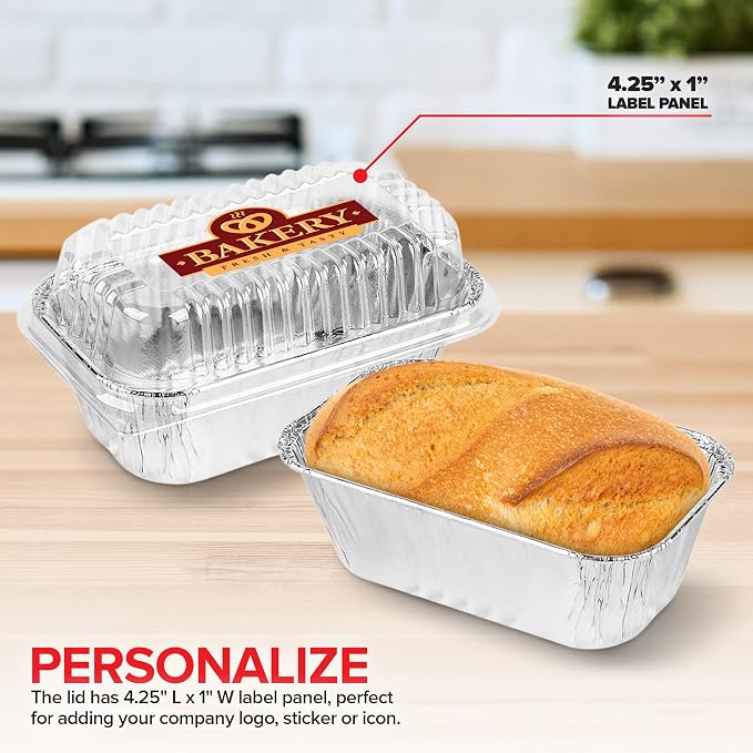 Stock Your Home Disposable Aluminum Mini Loaf Pans with Lids, 1 lb (50 Pack) New & Improved Plastic Dome Lid Foil Baking Tins, Tin Pans for Cake, Bread, Holiday Baked Goods Packaging
