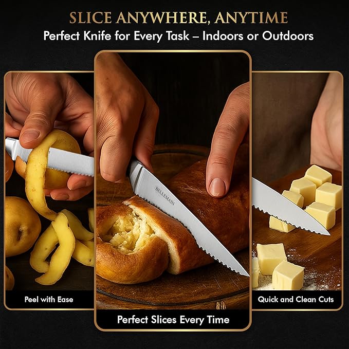 Bellemain Steak Knife Set of 8, Serrated Stainless Steel, Dishwasher Safe | Ergonomic Handle Design, Rust-Resistant Blades, Precision Serrated Edges, Enhanced Dining Experience at Home & Restaurants