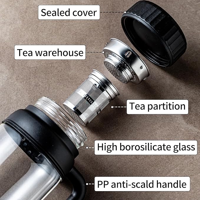 32oz Tea Infuser Bottle - Large Glass Water Bottle with Removable Infuser for Loose Leaf Tea & Fruit, Leakproof, Lead-free, Wide Mouth for Easy Cleaning - Handle for Hot & Cold Beverages (Black+White)