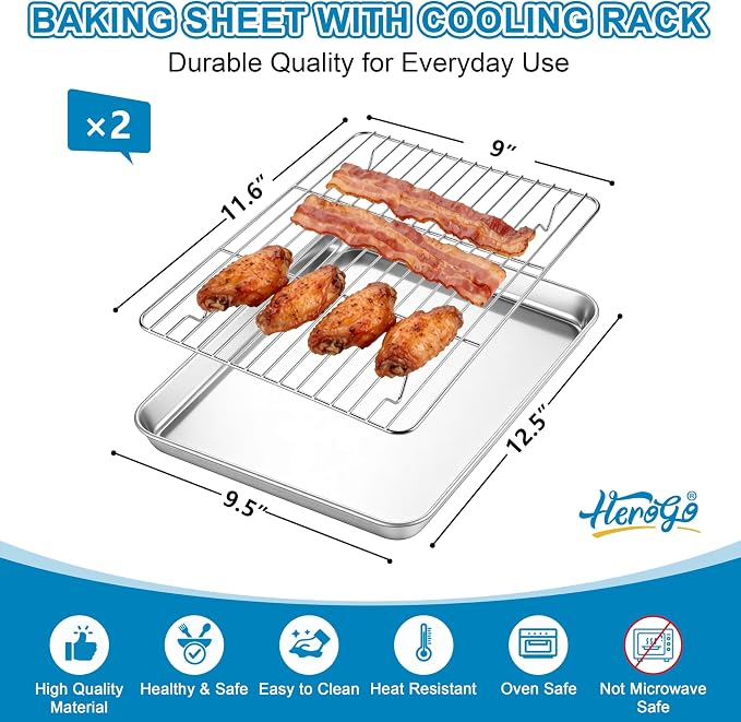 Herogo Stainless Steel Quarter Sheet Pan with Wire Rack Set(2 Pans + 2 Racks), 9 x 13 x 1 Inches Metal Baking Tray Set for Cooking & Roasting, Nontoxic & Easy Clean