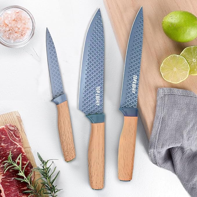 Kitchen Knife Set, Retrosohoo 6-Pieces Blue Sharp Knife Set for Kitchen, Non-stick Non-slip Stainless Steel Chef Knife Set with Universal Knife Block Suitable for Home Restaurant (Dusty Blue)