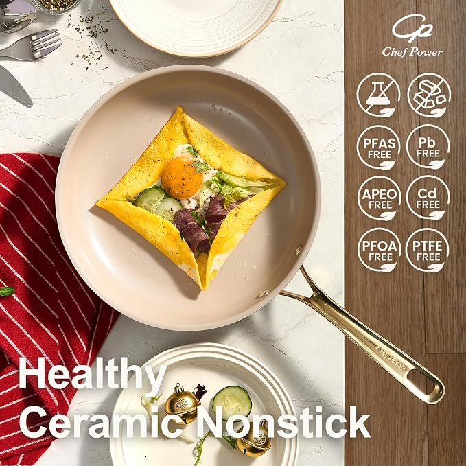 Ceramic Frying Pan with Stainless Steel Handle 5Pcs Set, Non Stick Grill Pan Set, Dishwasher and Oven Safe, Taupe and Light Gold Handle