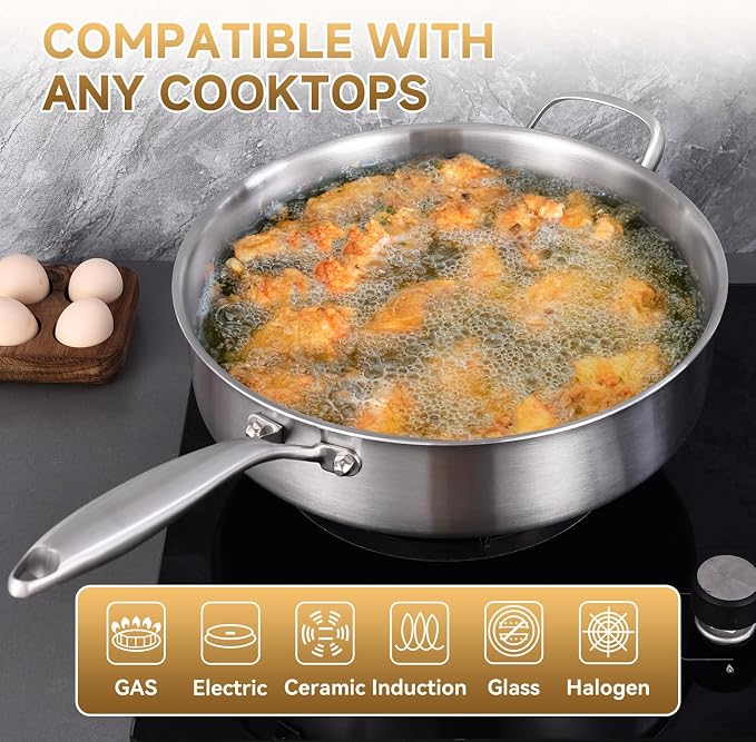 Inqibee 3 QT Tri-Ply Stainless Steel Saute Pan with Lid | Deep Frying Pan with Helper Handle | 12 Inch | Induction Compatible | Oven & Dishwasher Safe | Serves 2–3 People