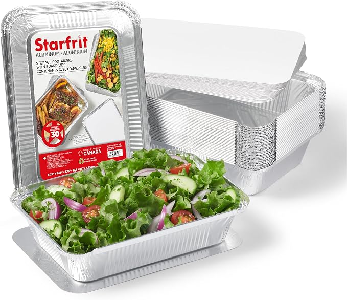 Starfrit Disposable Aluminum Meal Prep Containers with Lids, 30-Pack | 2.25lb capacity. Recyclable heavy-duty aluminum. Oven, freezer & air fryer safe. Ideal for meal prep, takeout & leftovers.