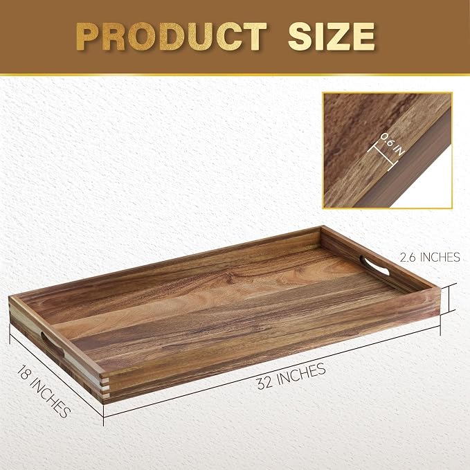 Extra Large Ottoman Tray, 32 x 18 inches Acacia Wood Serving Tray | Rectangle Wooden Decorative Tray with Handles, Oversized Coffee Table Tray, Serving Platter Tray for Living Room, Charcuterie