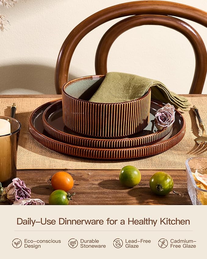 Stoneware Dinnerware Sets, Reactive Glaze Dishes Set for 8 | 24-Piece Handmade Ceramic Plates and Bowls, Microwave & Dishwasher Safe, Chip & Scratch Resistant, Modern Rustic, Green Brown