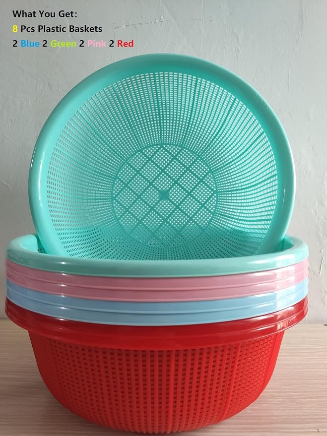 8 pcs Plastic Wash Basket Round Perforated Colander Wash Vegetables and Fruits Drain Cooked Pasta Kitchen Essentials Food Strainer Basket Strainer Kitchen Blue pink green red