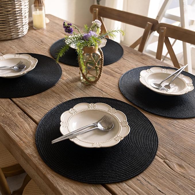 FunWheat Round Braided Placemats Set of 4 Table Mats for Dining Tables Woven Washable Non-Slip Place mats 15inch (Black, 4pcs)