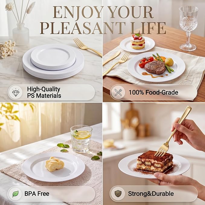 KIRE 120PCS White Plastic Plates - Heavy Duty White Disposable Plates for Party/Wedding - Include 60Pieces 10.25inch Dinner Plates - 60Pieces 7.5inch Dessert/Salad Plates