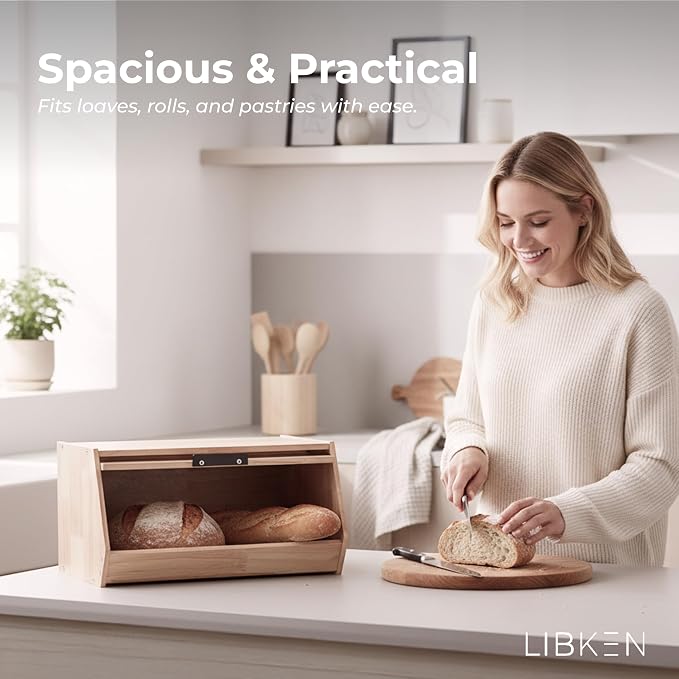 Bread Box – Durable Wooden Bread Bin with Secure Plastic Lid, Scandinavian-Inspired Design for Kitchen Countertop – Stylish Storage for Bread & Pastries
