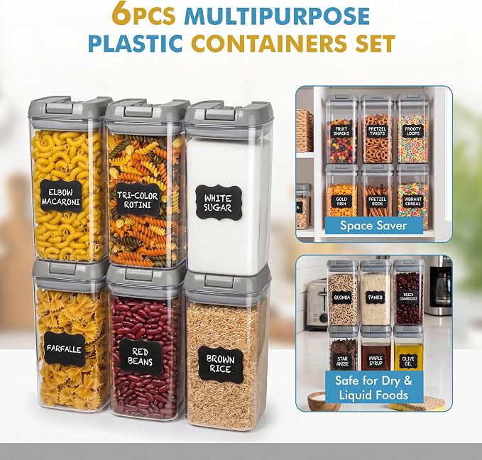 Shazo Airtight Food Storage Containers with Lids - 6 PC BPA Free Clear Plastic Cereal Containers with Easy Lock Lids for Kitchen and Pantry Organization for Snacks and Pasta - 1.2L