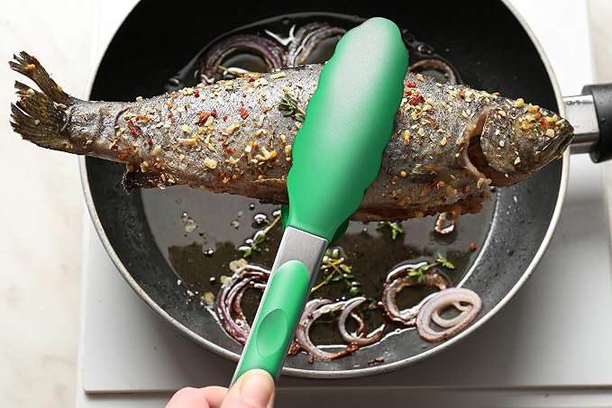 2 Pack Silicone Kitchen Tongs – 9" & 12" Set, Heat Resistant up to 500°F, Non‑Stick Cookware Safe, Wavy Silicone Tips, BPA Free, Locking Clip & Hanging Loop, Dark Green