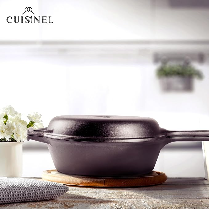 Cuisinel Cast Iron Skillet + Lid - 2-In-1 Multi Cooker - Deep Pot + Frying Pan - 3-Qt Dutch Oven - Pre-Seasoned Oven Cookware - Works for Bread, Indoor/Outdoor, Grill, Stovetop and Induction
